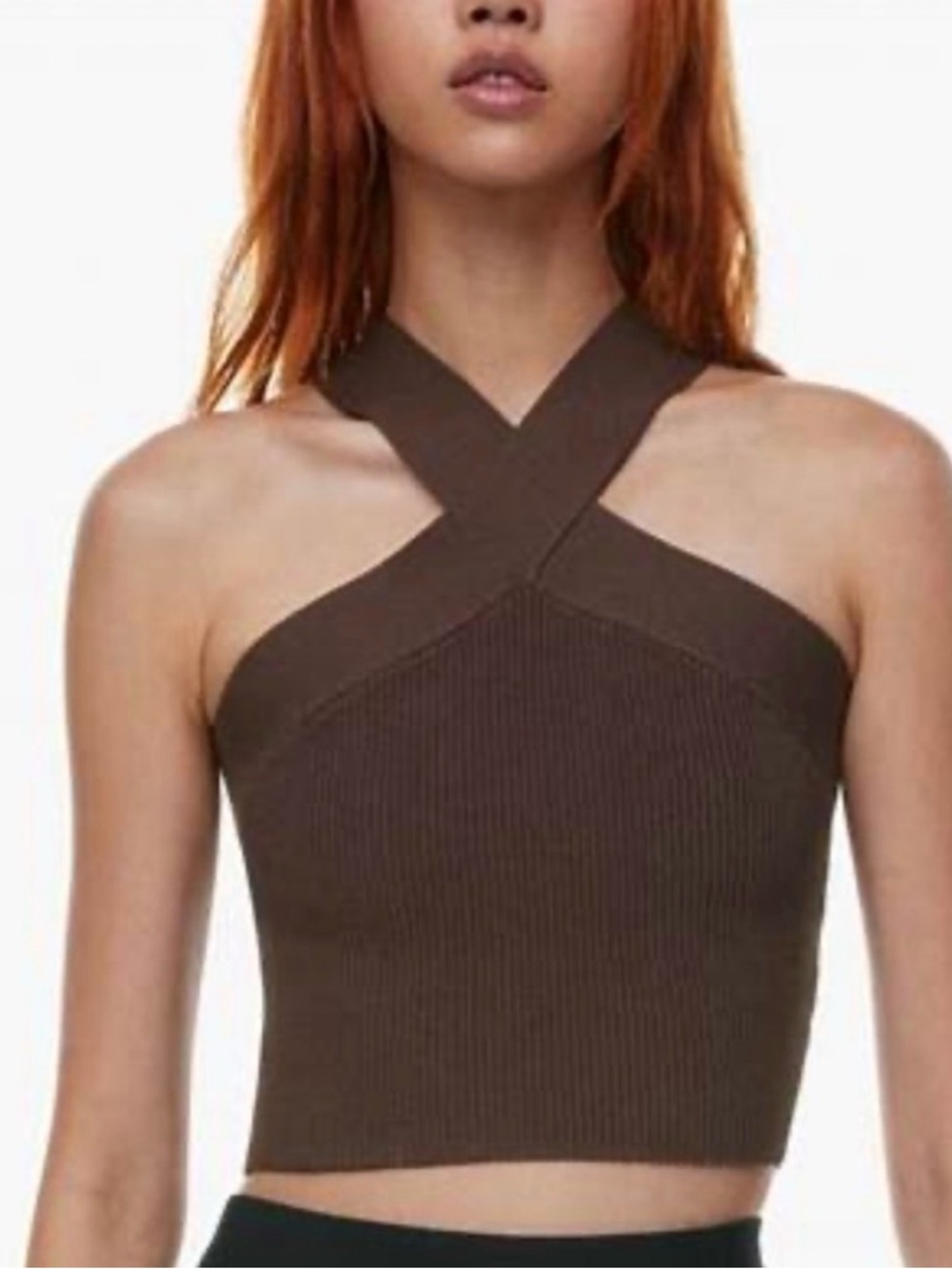 Aritzia Bavarian Cross-Neck Ribbed Crop Top - Brown Size Small